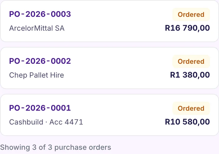 Invo's real purchase orders list, tracking supplier spend from ordered through received