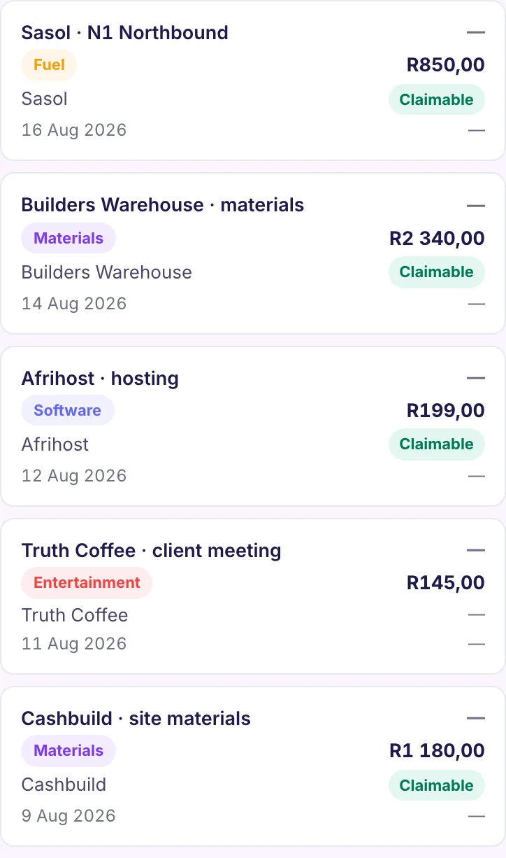 Invo's real expense tracker, categorised with VAT-claimable amounts