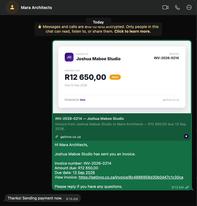 A real WhatsApp conversation showing the invoice link-preview card Invo generates, and the client's reply