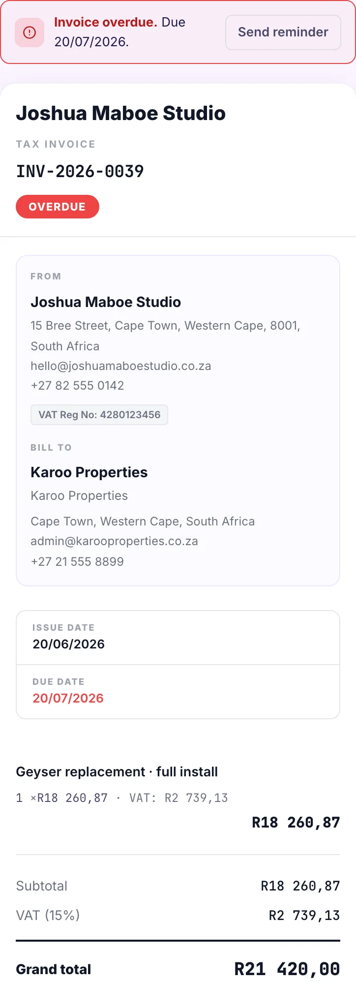 A real overdue invoice in Invo with an automatic late fee applied to the balance due
