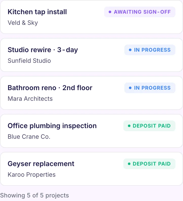 Invo's real project kanban board, moving jobs from deposit paid through in progress to awaiting sign-off