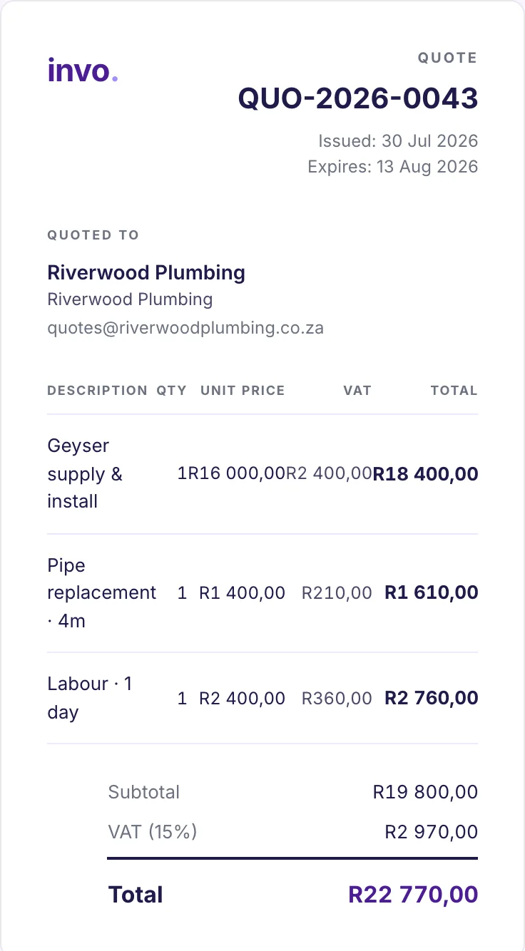 A real accepted quote in Invo, ready to convert straight into a tax invoice