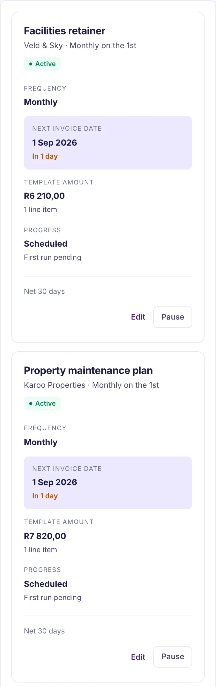 Invo's real recurring schedules list, auto-generating a draft invoice for each active retainer every month